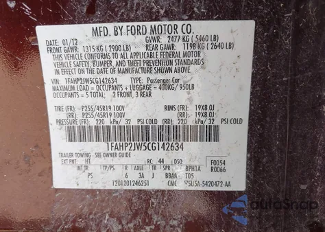 2012 Ford Taurus Limited from USA, damaged, VIN 1FAHP2JW5CG142634